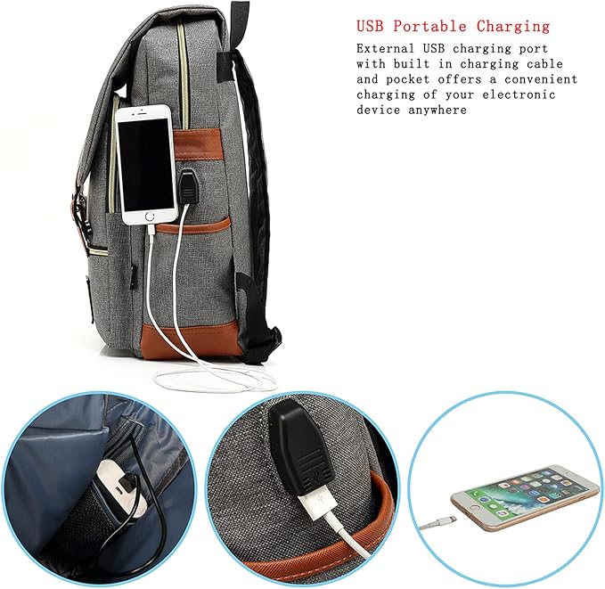 UGRACE Laptop Backpack, Grey, Unisex, 15.6" Laptop Compartment, 6 Compartments, USB Charge Port, Adjustable Shoulder Strap, PU Leather Belt