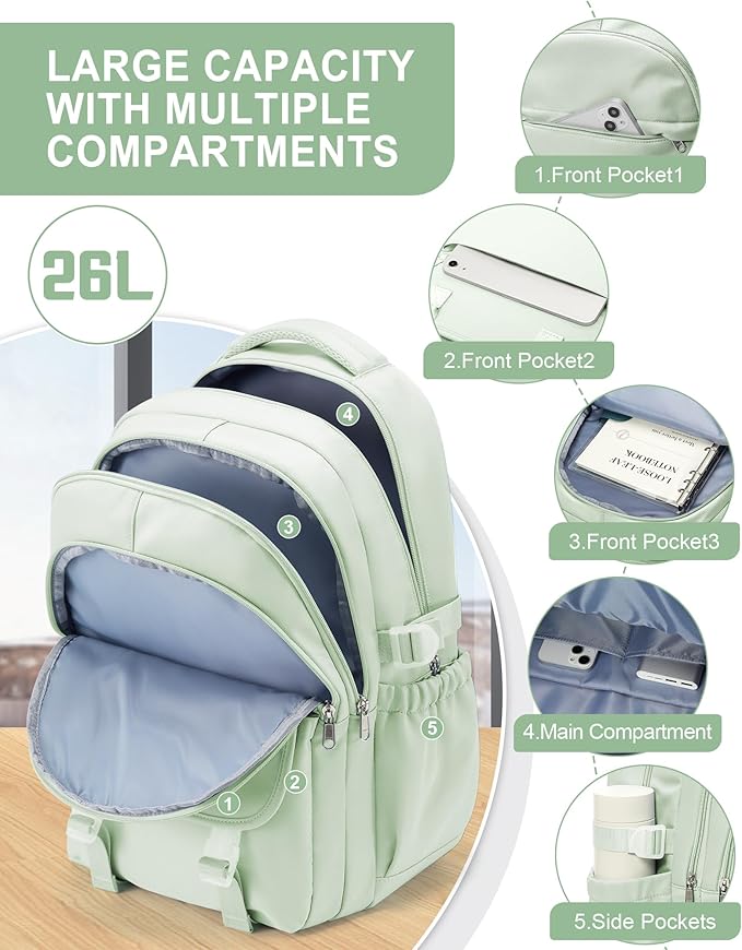 Waterproof Aesthetic Backpack For School, Cute High School Bookbag For Teen Girls Boys, Lightweight Casual Daypack Backpack For Women Men, College Backpack With Lots Of Pockets（MintGreen）