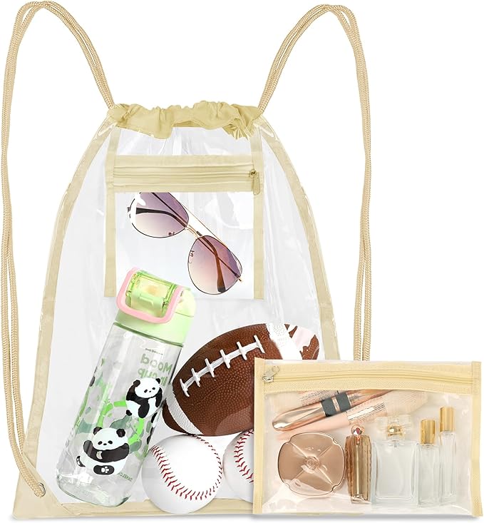 Clear Drawstring Bags, Transparent Storage Backpack for Stadium Approved,2 pieces, Concert Baseball Festival Beach Makeup Bag(1, Cream)