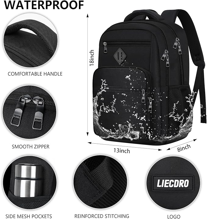 Black Backpack for Men, School Backpack for Boys Teens,15.6 inch Laptop Back Pack with Reinforced Straps, Backpacks for School Business Work College Travel, College Book Bag, Bookbag