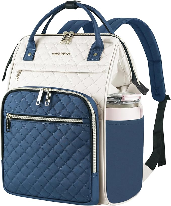 EMPSIGN 17 Inch Laptop Backpack for Women, Work Business Travel Computer College Bags, Large Capacity Water-repellent Quilted Casual Daypack with USB Port, Beige-Haze Blue