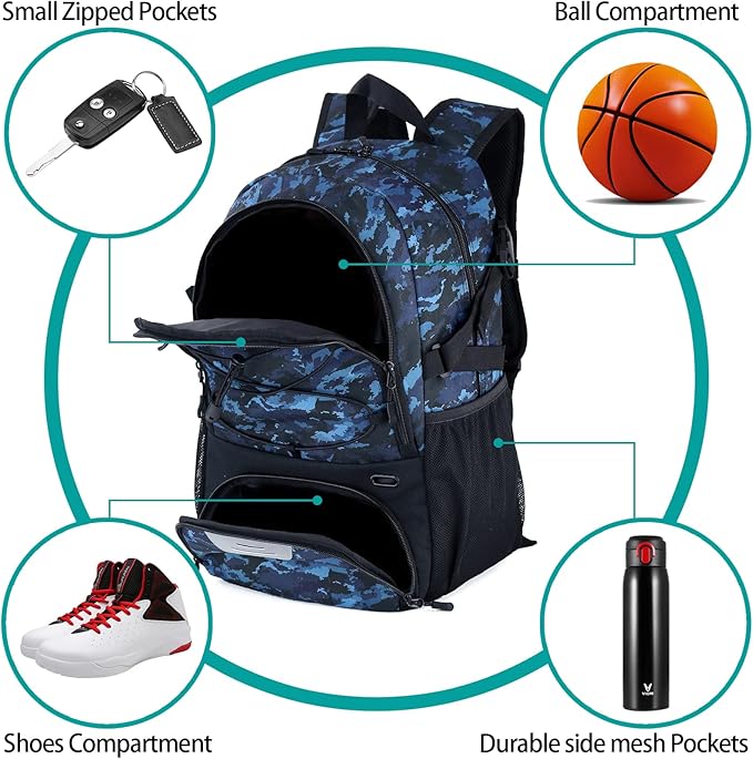 WOLT Basketball Backpack Large Sports Bag with Separate Ball Holder & Shoes Compartment, Best for Basketball, Soccer,Gym