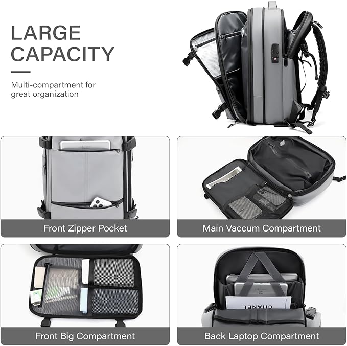 Travel Backpack with Vacuum System,60L Expandable Vacuum Backpack Travel with TSA Lock,17.3 inch Laptop Backpacks Vacpack Backpacks with Vacuum(Grey,No Air Pump)
