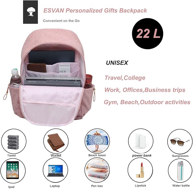 ESVAN Personalized Gifts Backpack Canvas Linen Nylon 17 inch Laptop Bag for Women Casual College