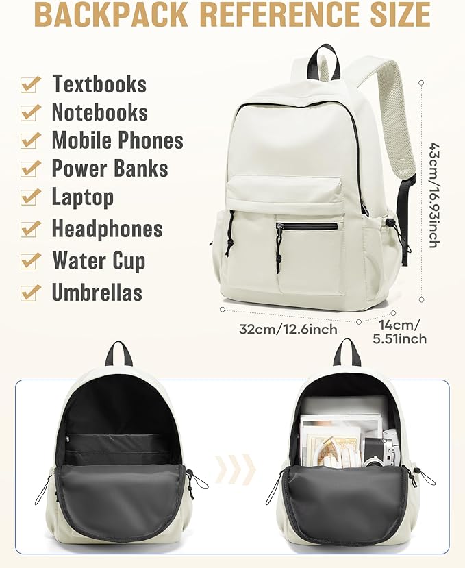 School Backpack for Girls Boys Bookbag Cute Aesthetic College Backpack Women Middle High School Teen Students Book Bag Lightweight Gym Work Laptop Casual Daypack Backpacks Men Beige