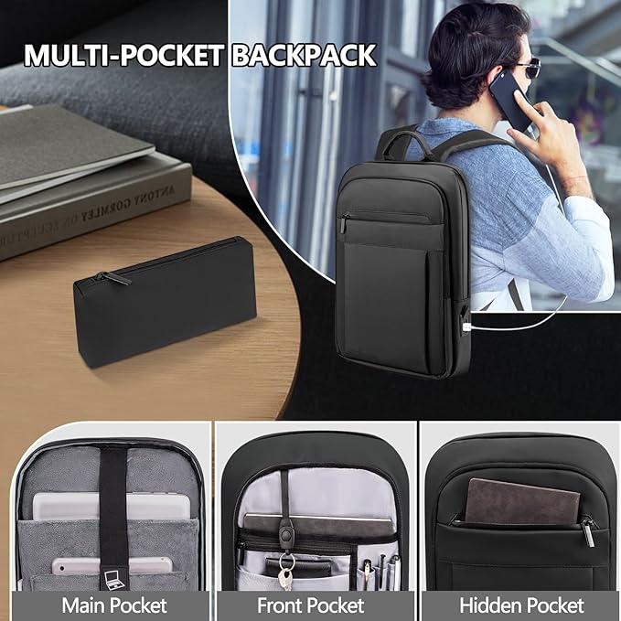 Backpack for Men Women Lightweight Business Laptop Backpack for 15.6 Inch Computer Bag Slim Anti-Theft Backpack for Commuting Work Office College Travel with a Small Bag (Black, 15.6") | Lightweight, Computer Bag, for Commuting, Work, Office, College