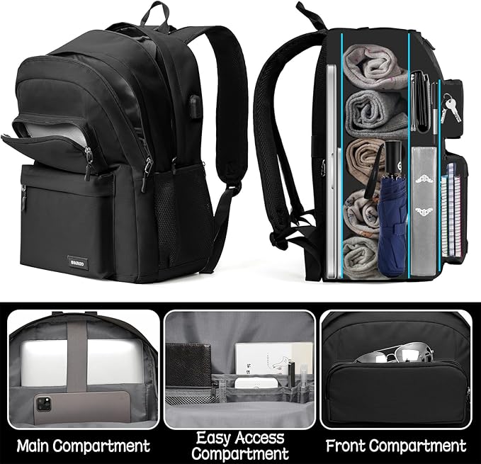 BIKROD Backpack for School Teen Boys and Girls, School Backpack for Men and Women, Large Kids Bookbag with USB Charging Port Fit 15.6 Inch Laptop/Notebook, Black