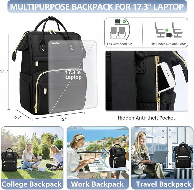 Women Laptop Backpack Teacher Bags: 17.3 Inch Nurse Computer Backpack with USB Port Work Bag Stylish Travel Daypack Bookbag Waterproof for Business Woman Gifts BLACK