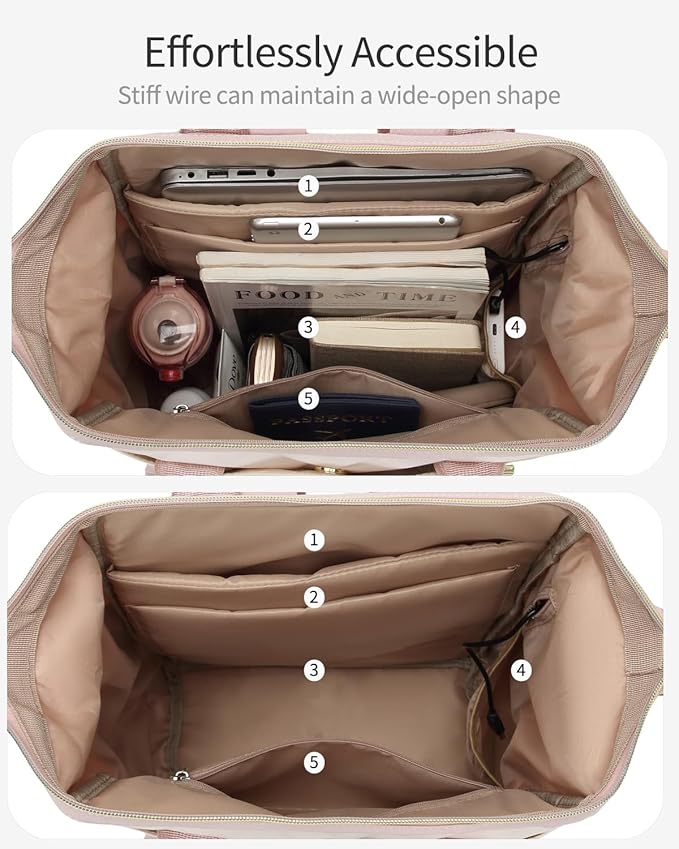 Computer Backpack for Women, Work Bag Laptop Bookbag with Cup Holder & USB Charger for Teacher Nurse College Travel Back Pack, Gifts, Beige Pink
