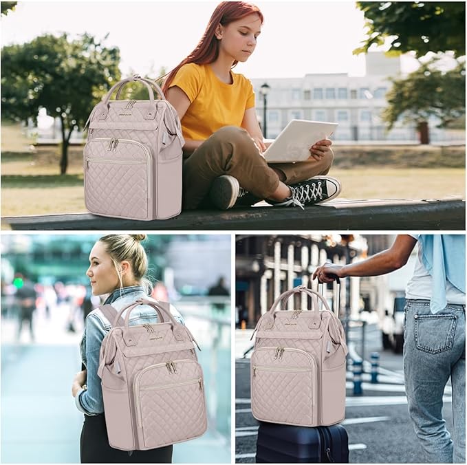 EMPSIGN 17 Inch Laptop Backpack for Women, Work Business Travel Computer College Bags, Large Capacity Water-repellent Quilted Casual Daypack with USB Port, Dusty Pink