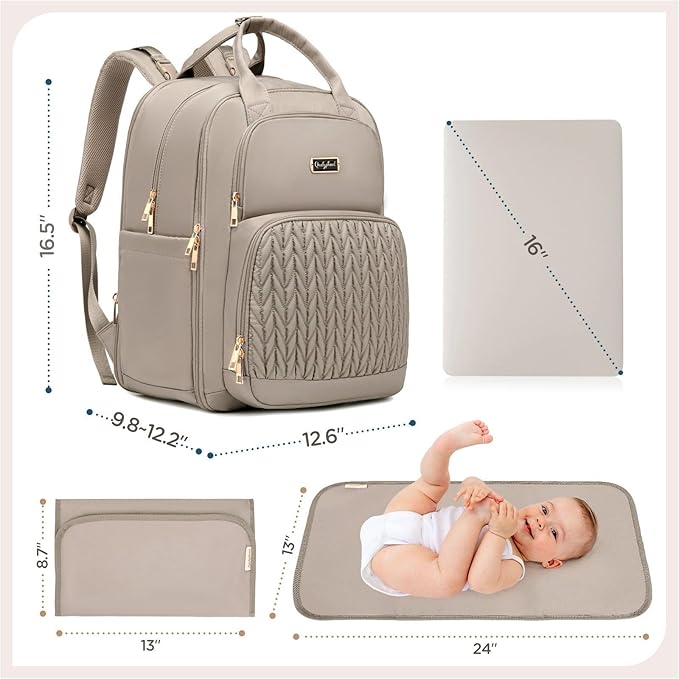 Diaper Bag Backpack - Extra Large Diaper Bag for Two Kids Twins (Expandable 30-38L) - Travel Baby Backpack with Changing Pad for Mom Dad (Quilted, Water Resistant, Brown Taupe)