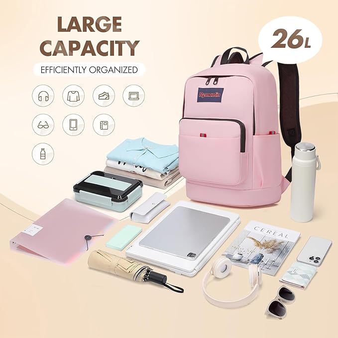 Classic Casual Backpack, Lightweight Daypack with 10 Pockets, Laptop Compartment, EVA Foam Pad (Dark pink)