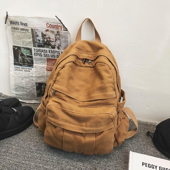 Light Brown Canvas Backpack for Women & Men Retro Aesthetic Rucksack Basic Backpack for High School/College Students Travel Laptop Bag