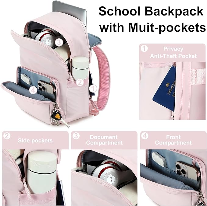 BTOOP Backpack for School Girls Teens Lightweight College Bookbag Casual Work Travel Laptop Backpack for Women Water Resistant Pink Backpacks(Pink)