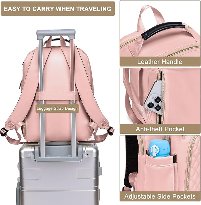 Backpacks for Women, Cute School Backpack for Teen Girls, 15.6 Inch Cute Quilted Laptop Backpack, Large Bookbag for Middle School College Students, Pink