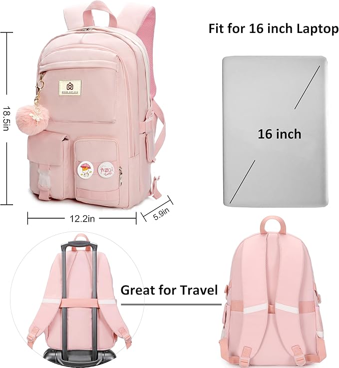 Hidds Laptop Backpacks 15.6 Inch College Backpack Elementary Middle High School Bag Large Cute Bookbags Anti Theft Travel Back Pack Casual Daypack Kids Book Bag for Teens Girls Women Students (Pink)