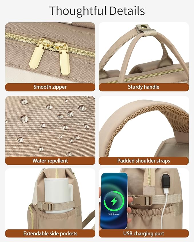 Laptop Backpack for Women, College Bookbag School Backpack for High School Teen Girls, Work Bags with Cup Holder & USB Charger for Teacher Nurse Travel, Beige Khaki