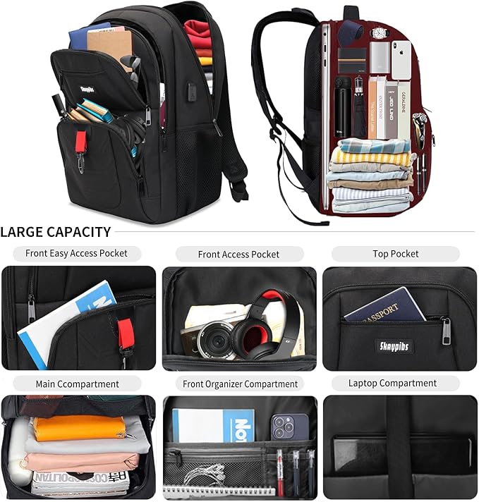 School Backpack for Boys Teens, Black Backpack for Men Women, 15.6 Inch Laptop Backpacks with USB Port, Water Resistent book bag, Work College Student Bookbag, back pack