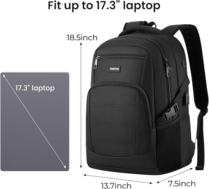 YAMTION Black Backpack for Men and Women, Laptop Backpack with USB Charging Port, School Backpack for Boys and Girls, Lightweight Bookbag, Work Backpack Fits 17.3 Inch Notebook