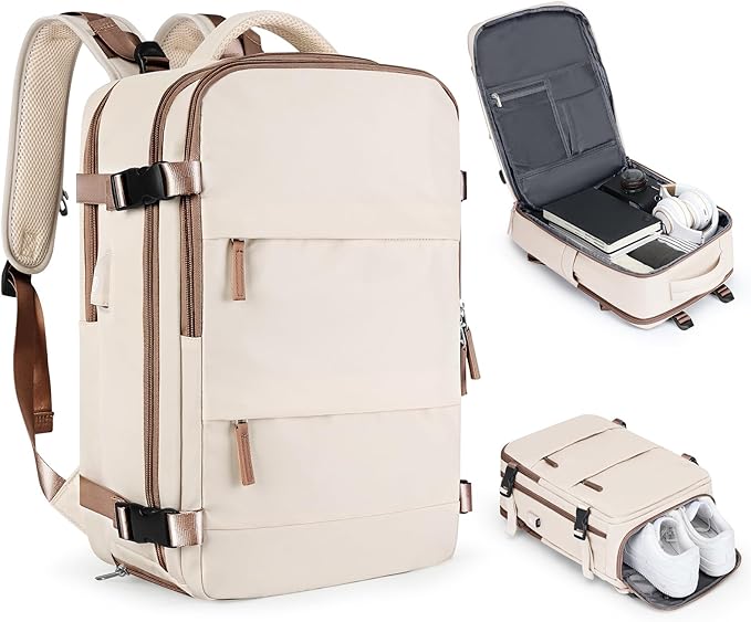 coofay Large Travel Backpack Carry on Flight Approved Mochila De Viaje Personal Item Travel Bag Backpacks for Men Women Carry on Backpack for Airplanes 18x14x8 Inches Travel Bag Beige with Brown