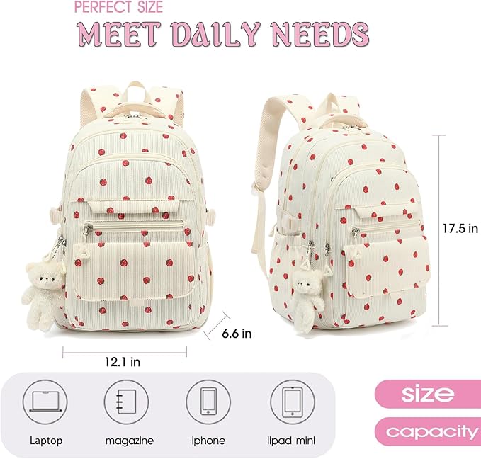 Girls Backpack for College High Middle School Student, Cute Aesthetic Bookbag for Teens Women with Accessories, Beige Strawberry