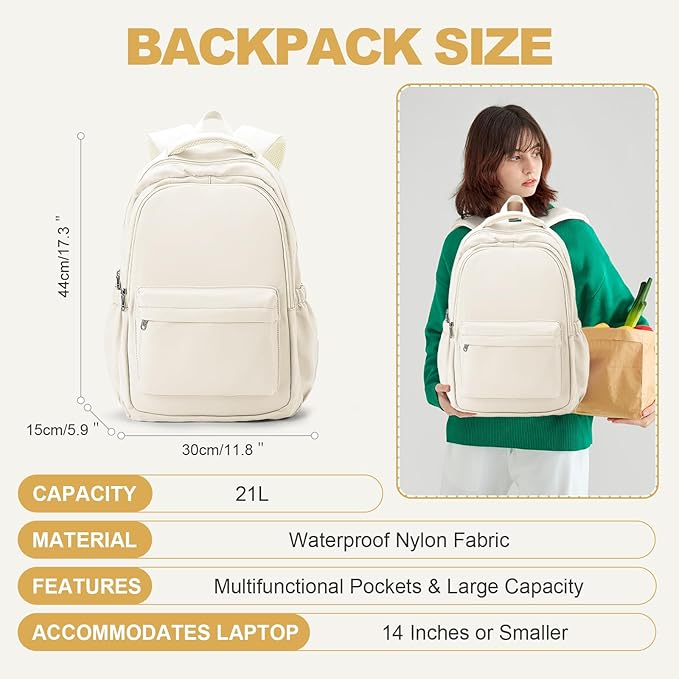 Lightweight School Backpack for Women Men, Laptop Travel Casual Daypack College Secondary School Bags Bookbag for Teenage Girls Boys, Beige