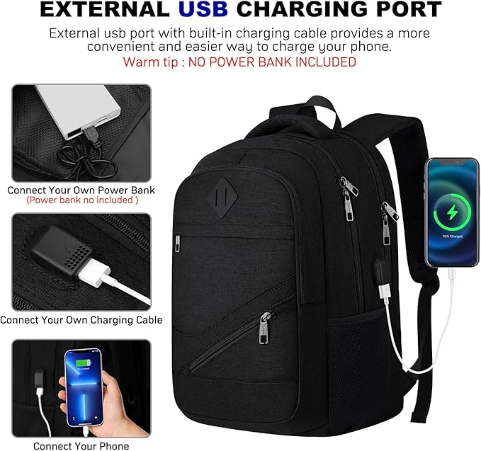 School Laptop Backpack for Women Men: 17.3 Inch College High School Backpacks with USB Charging Port Waterproof Travel Back Pack with Anti-theft Pockets Casual Work Daypack for Boys Students (Black)