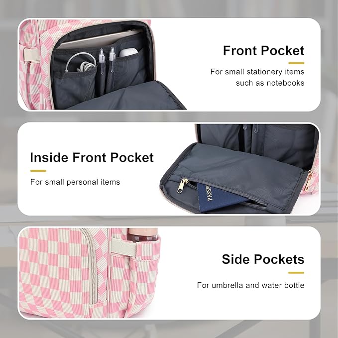 Laptop Backpack for Women, Corduroy College School Backpack Bookbag 15.6 inch Business Computer Travel Backpack (Checkered Pink)