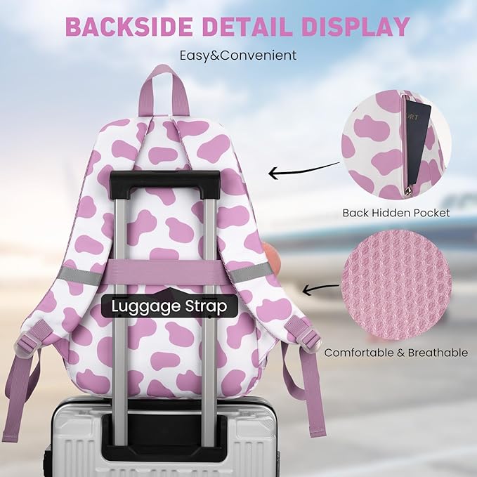School Backpack for Teen Girls, Cute College Backpacks for Women Students Aesthetic Bookbag Large 15.6 Inch Laptop Bag Middle School Travel Back Pack (Cow Print Purple)