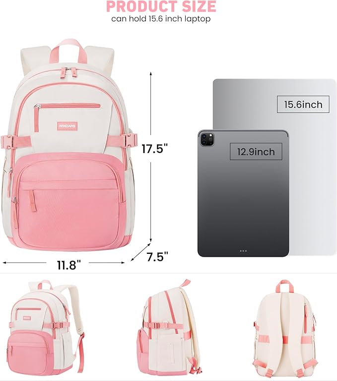 Backpack for School Girls, Cute High School Backpacks for Teens Women Student Large Bookbag 15.6 Inch Laptop Bag with USB Charger Port for College Work Travel Trip (Pink Beige)