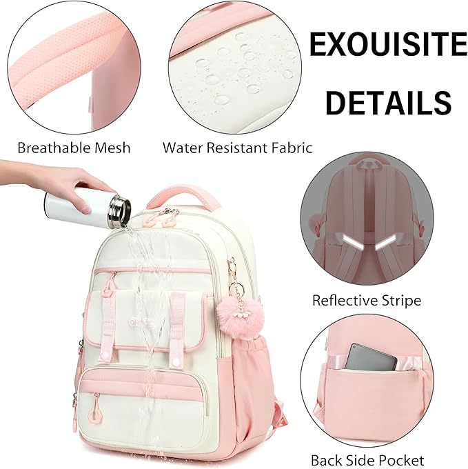 School Backpack for Girls, Laptop Backpack 15.6 Inch Kids Elementary Middle High School Bag Anti Theft Cute College Bookbags for Teens Girls Women Students Casual Travel Daypack,Pink Beige