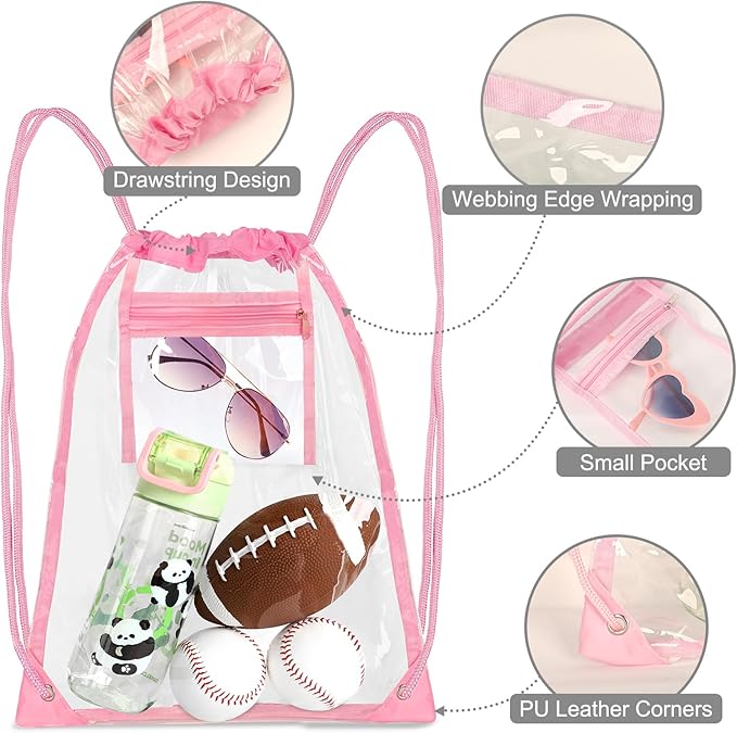 Clear Drawstring Bags, Transparent Storage Backpack for Stadium Approved,2 pieces, Concert Baseball Festival Beach Makeup Bag (1, Pink)