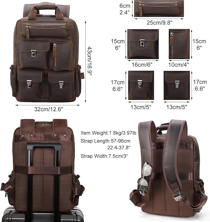Masa Kawa Leather Backpack for Men Vintage 15.6 Inch Laptop Bag Multi Pockets Casual Work Travel Camping Daypack (deep brown)