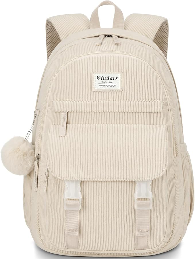 School Backpack for Teens, Large Corduroy Bookbag Cute 17.3 Inch Laptop Bag for Girls Women Lightweight Aesthetic High School College Back Pack for Student Nurse, Beige