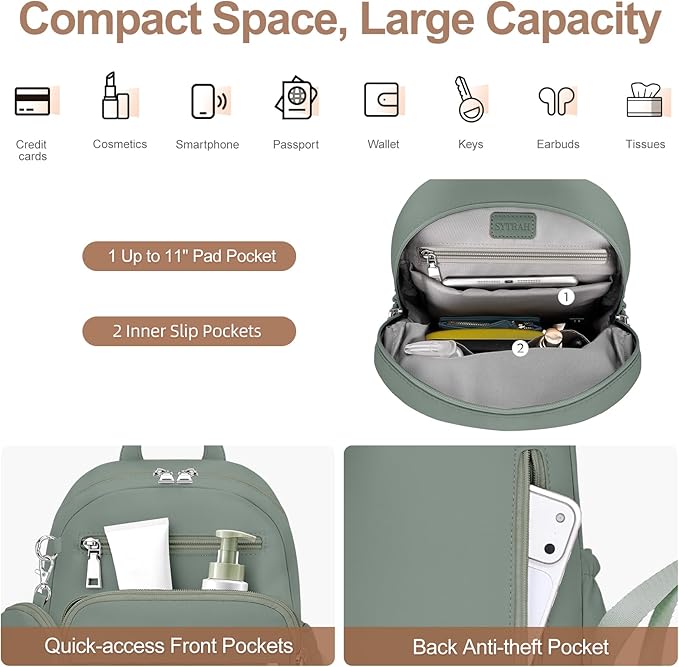 Mini Backpack for Women Small Backpack Purse, Anti Theft Backpack Waterproof Lightweight Puffer Back packs for Travel, Work with Coin Purse Green