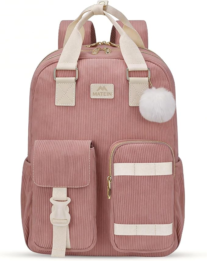 MATEIN Laptop Backpack for Women, Cute Corduroy Computer Backpack Water Bottle Holder, TSA Lightweight Aesthetic Bag Work Business Backpack College Teacher Bags, Pink
