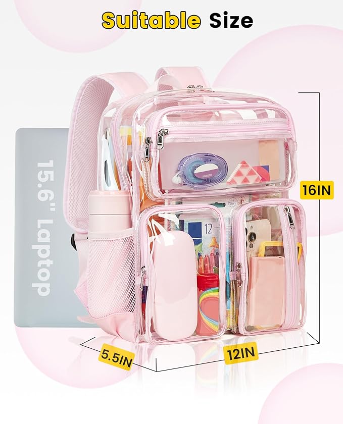 Vorspack Clear Backpack Heavy Duty - Large Clear Bookbag Transparent See Through Backpacks for College Work Festival - Light Pink