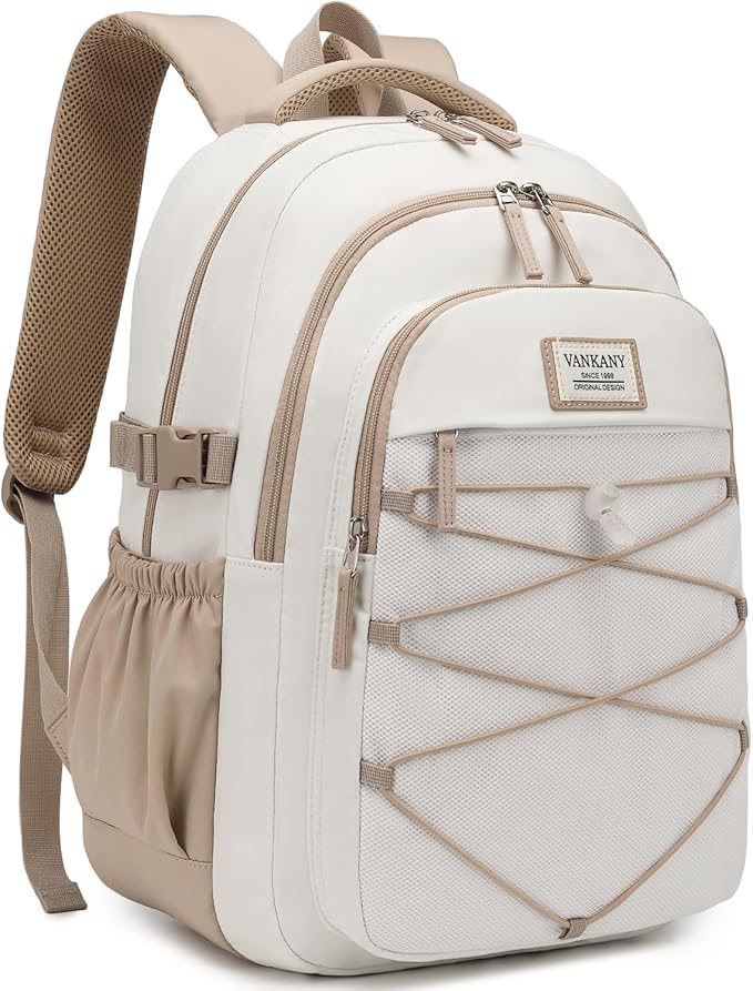 Teen Backpack for Girls, Women Bookbag for College Students Middle High School, Aesthetic Schoolbag Back Pack, White Khaki