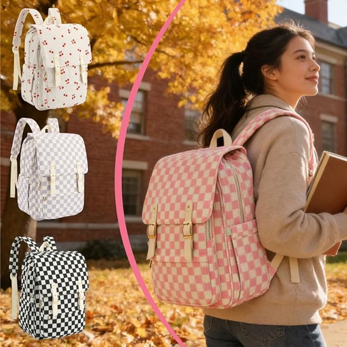 Women Laptop Backpack, Corduroy 15.6" Travel Backpack for Work College Business, Teacher Nurse Bag with Large Capacity School Bookbag Bags for Girls - Checkered Pink