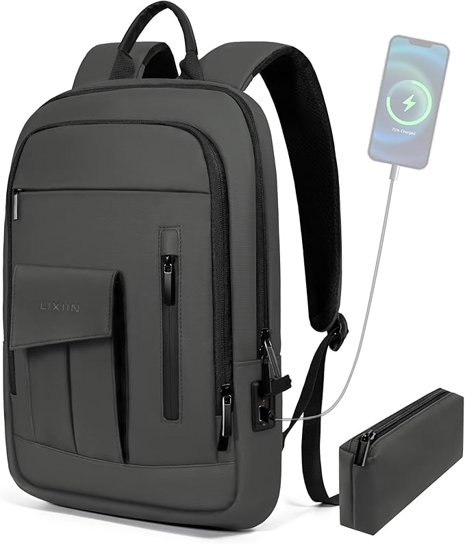 Business Backpack for Men Slim Lightweight Laptop Backpack Water Resistant Small Office Backpack for Commute Travel Daily Office Work with Small Bag (Grey, 15.6")