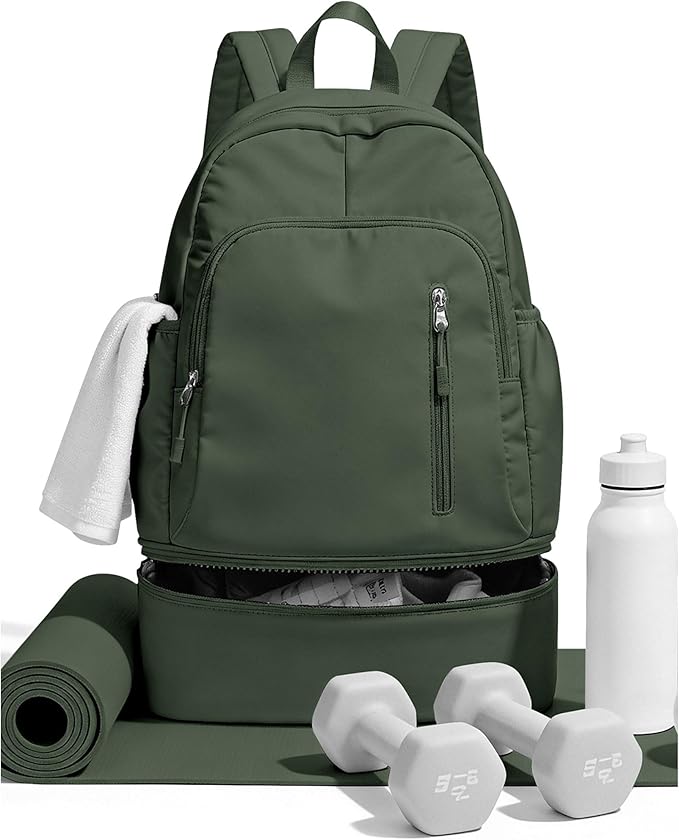 BJLFS Small Gym Backpack for Women Men, Waterproof Gym Track Bag with Expandable Shoe Compartment, Lightweight Mini Casual Daypack Sports Back Pack for Travel Hiking Dance Yoga Fitness Track, Green