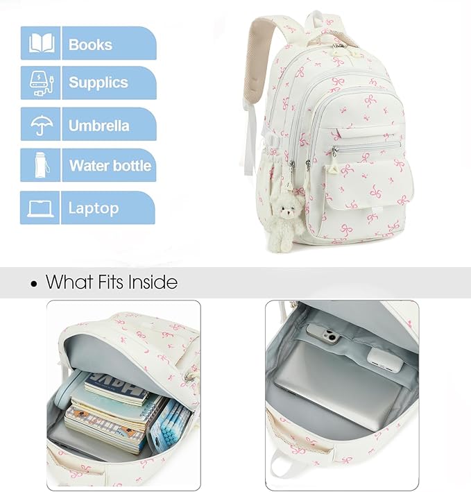 Girls Backpack for College High Middle School Student, Cute Aesthetic Bookbag for Teens Women with Accessories, Beige Bow