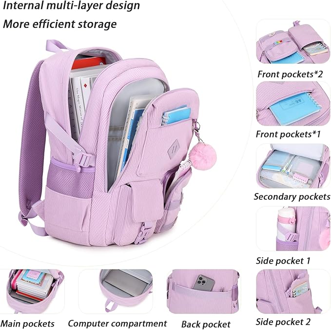 Girls Laptop Backpack Corduroy Bookbag For Teen Big Studen School Bag Durable Travel Daypack (Purple)