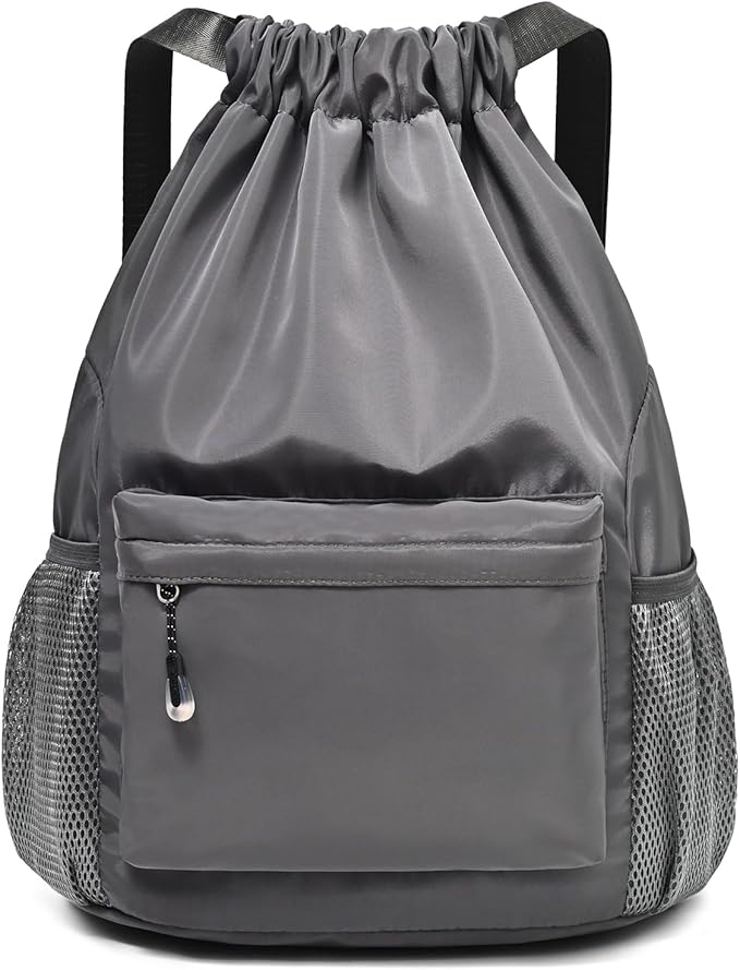 Drawstring Backpack for Women, Waterproof Drawstring Gym Bag for Men, Small Cinch Sack for Basketball, Pull String Sport Bag for Soccer. (Grey)