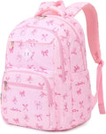 Girls Backpack, Corduroy School Backpack Multiple-pocket College Bookbag for Teen Girls Travel Backpack with Luggage Strap for Women, Pink Bow