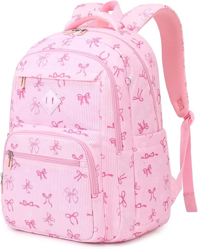Girls Backpack, Corduroy School Backpack Multiple-pocket College Bookbag for Teen Girls Travel Backpack with Luggage Strap for Women, Pink Bow