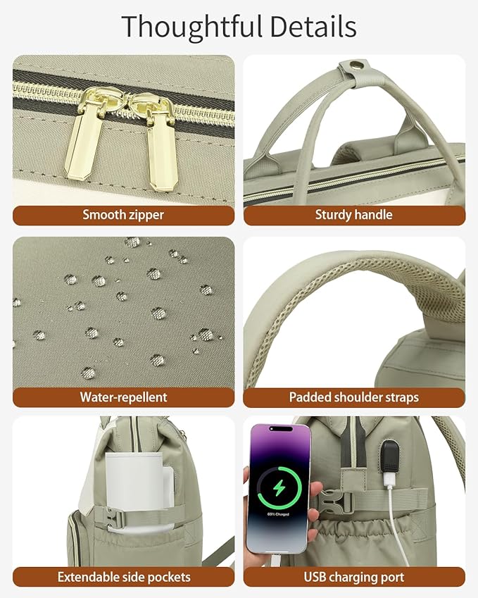 17.3in Computer Backpack for Women, Work Bag Laptop Bookbag with Cup Holder & USB Charger for Teacher Nurse College Travel Back Pack, Gifts, Beige Green