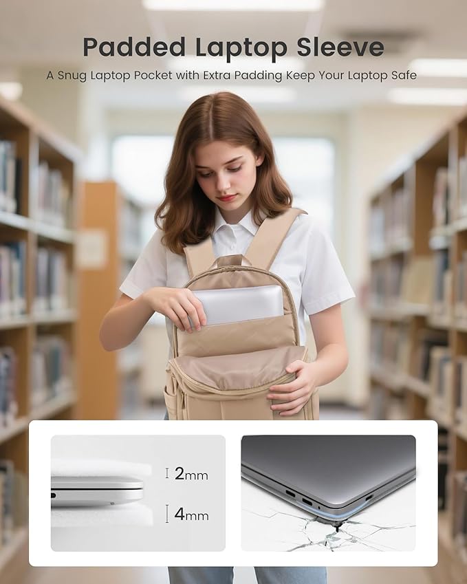 LOVEVOOK Laptop Backpack for Women, Puffer Travel Bag Fits 17 Inch Laptop, Lightweight Work Daypack for Teacher Nurse, Water-resistant College Bookbag, Coffee Brown