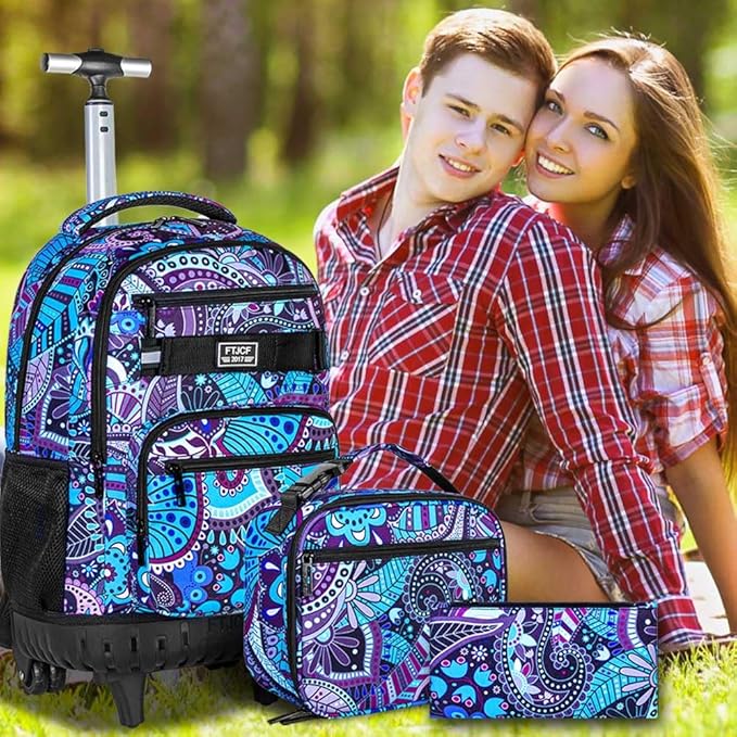 Rolling Backpack for Womens and Mens, Adults Wheeled Bookbag with Lunch Box for Girls and Boys.