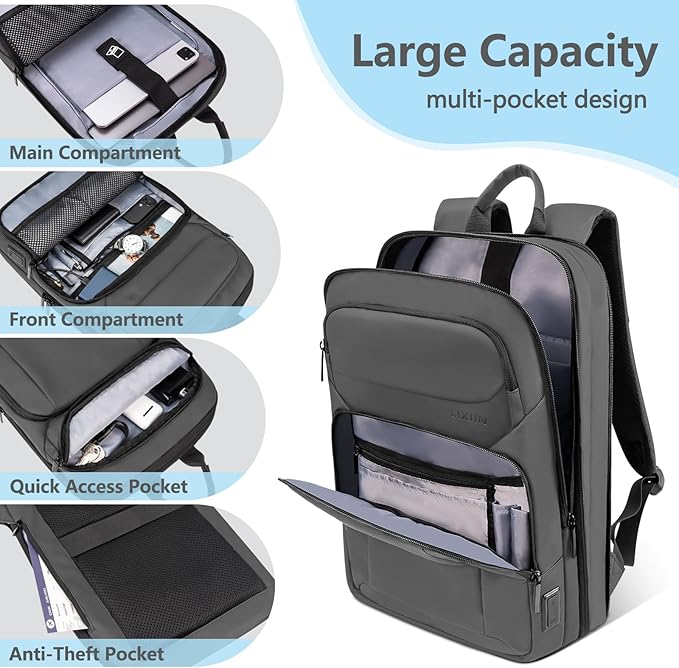 Backpack for Men Slim & Expandable Travel Laptop Backpack with USB Charging Port Water Resistant Anti-Theft Business Backpack Fits 15.6In Laptop for Commute Work College with Small Bag(Simple Gray)